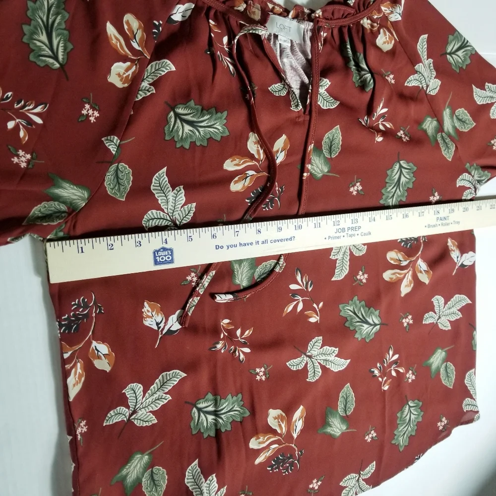 LOFT BOHO LEAF BLOUSE BURNT RED GREEN ORANGE SIZE MEDIUM - Picture 6 of 11